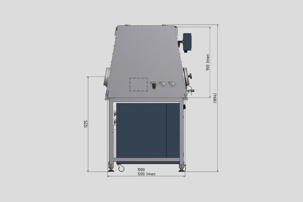 stainless steel glovebox Mega, side view