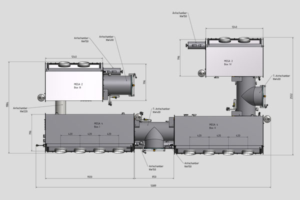 stainless steel glovebox Mega, example of layout, front