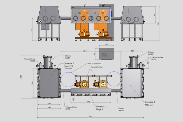 stainless steel glovebox Mega, example of layout, front